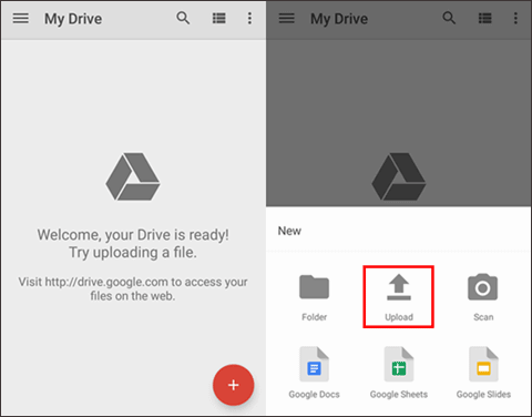 Choose Upload to transfer photos from Android to Flash Drive 