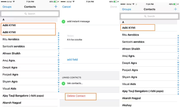 Delete the duplicate contact to manage iPhone Contacts