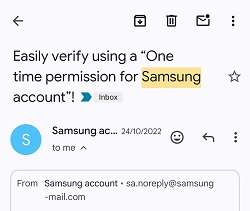 Verify one-time Email to delete Samsung account