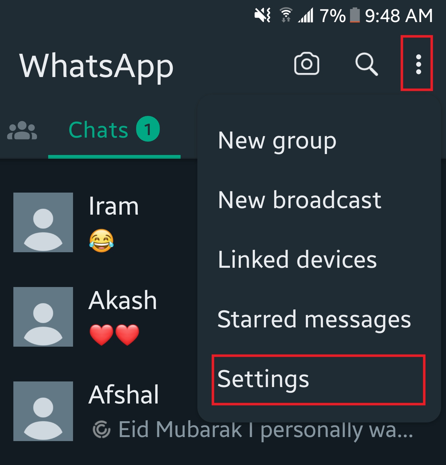 Tap Three Dots in WhatsApp and Open Settings.