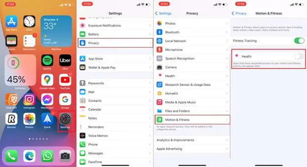 turn off motion & fitness access to apple health app