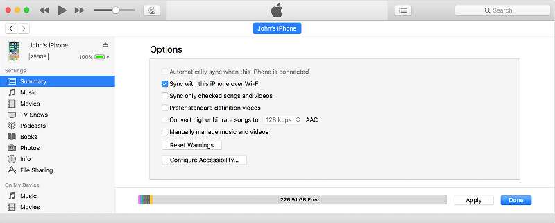 Set up iTunes library sync via Wi-Fi.