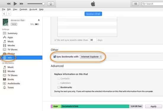 sync bookmarks with itunes interface
