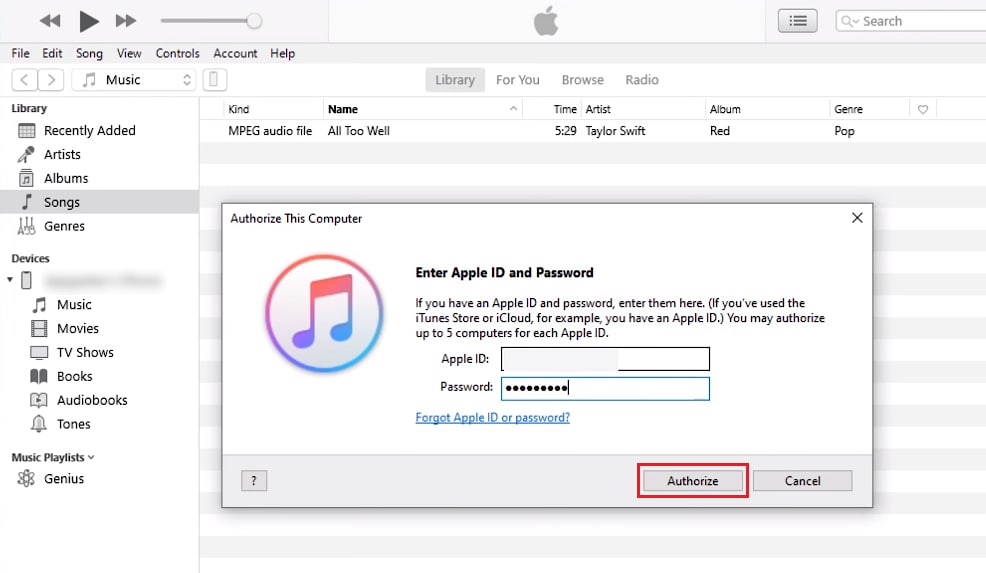 Enter Apple ID and Password and click Authorize.