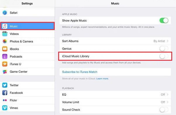 Activa la biblioteca de música de iCloud desde Ajustes de música.