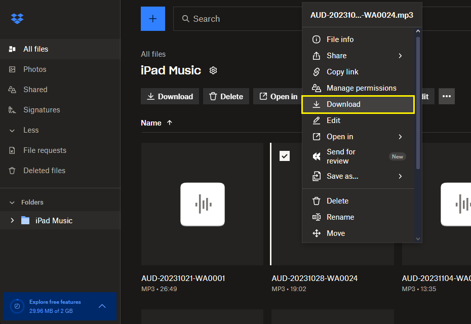 Download music files from the DropBox website.