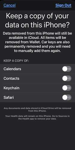 Keep iCloud data before signing out.