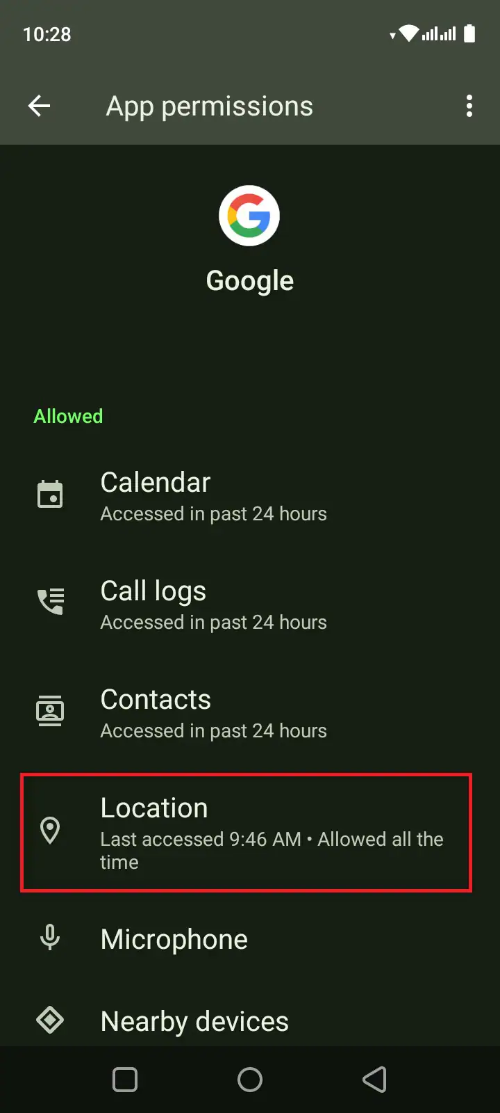 location access for google