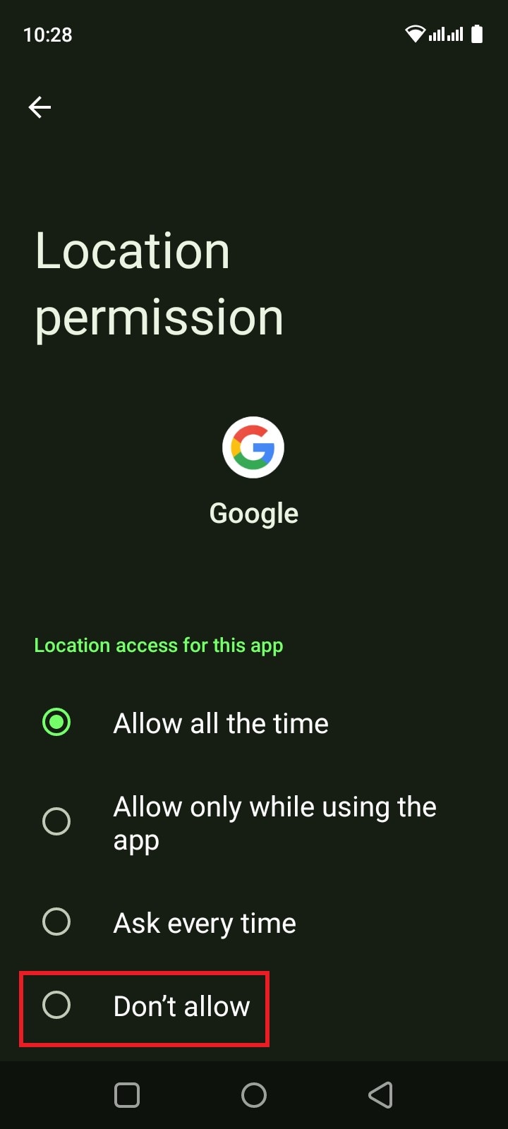 disallow location access on google