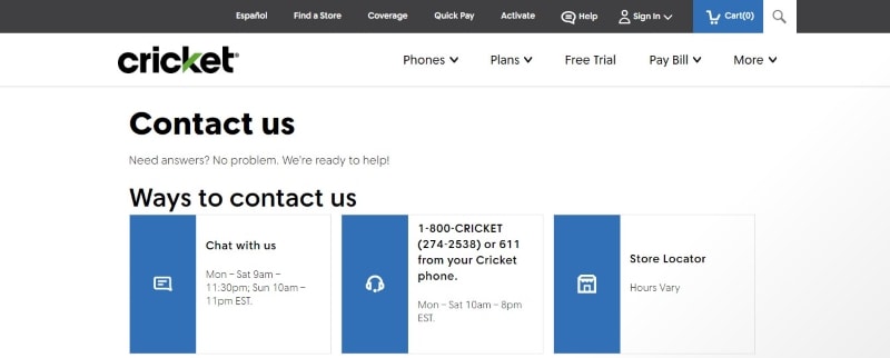 cricket contact us website interface