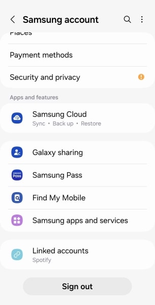 app e funzionalità dell'account Samsung
