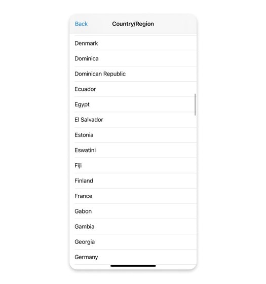 a list of available countries