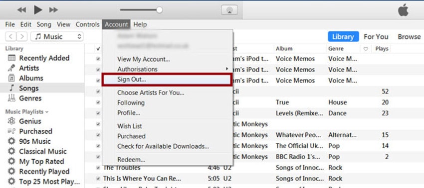 sign out of itunes