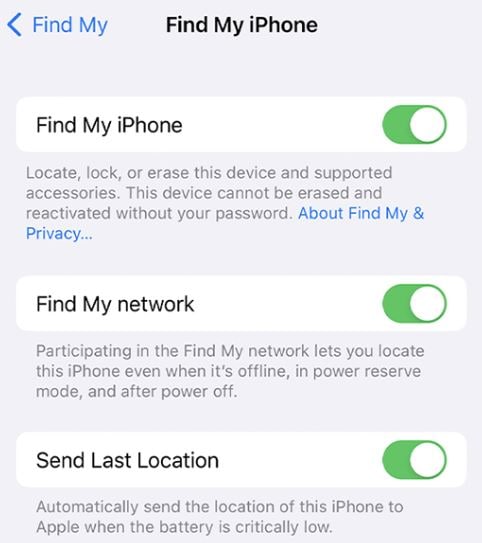 find my iphone settings
