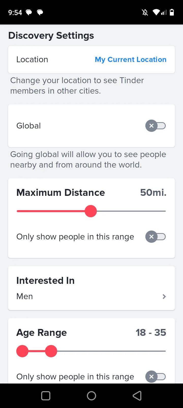 tinder discovery settings