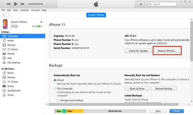 restore iphone on itunes