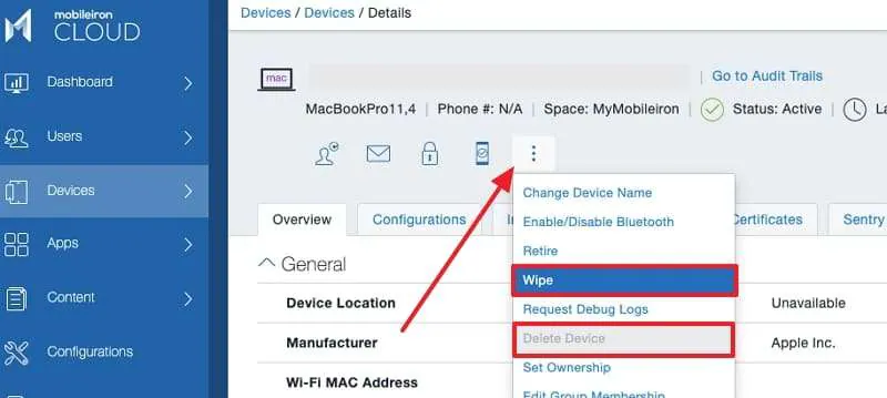 use wipe or delete device option 