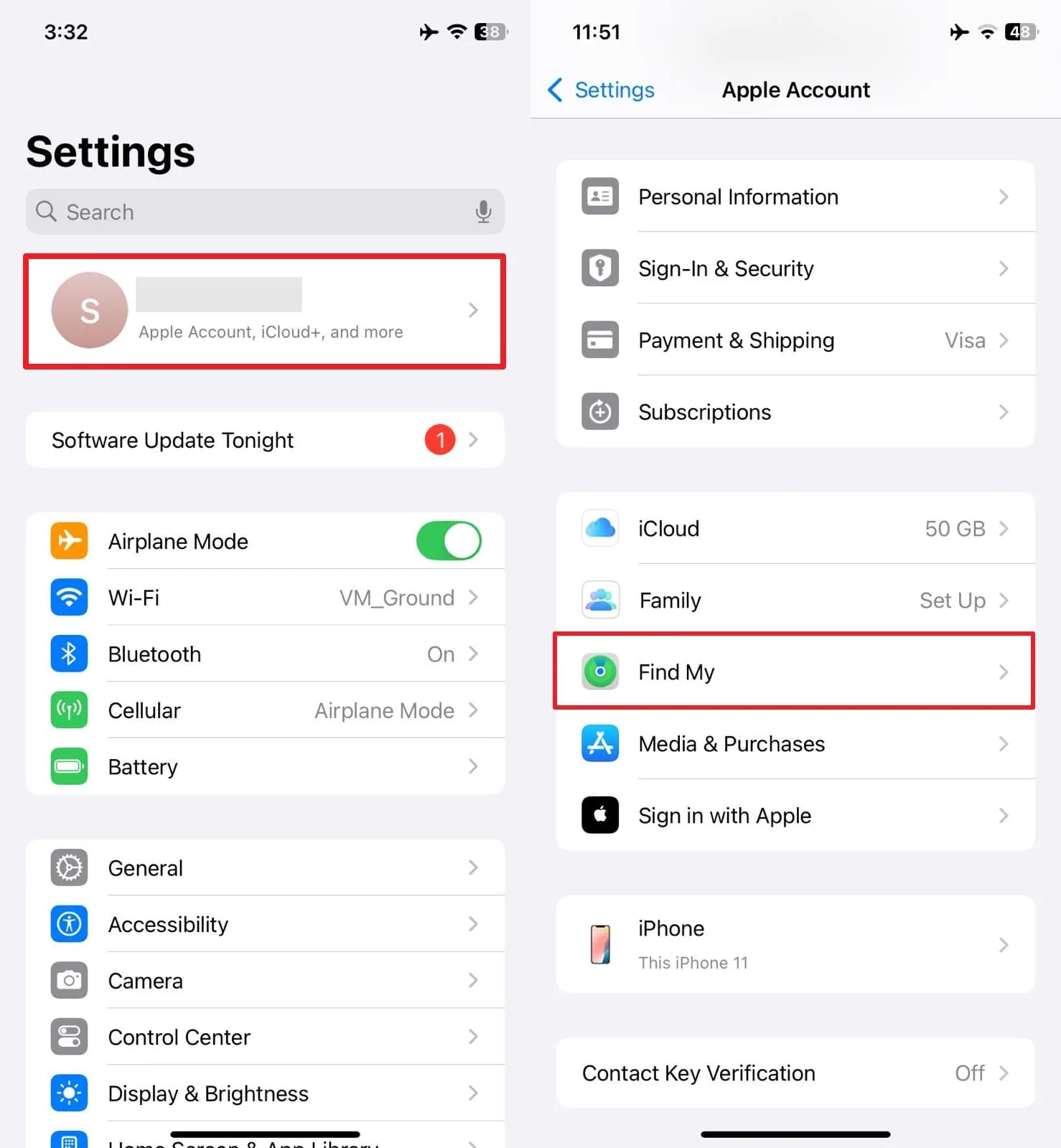 locate find my in iphone settings