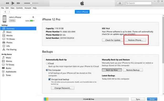 use itunes to reset demo iphone