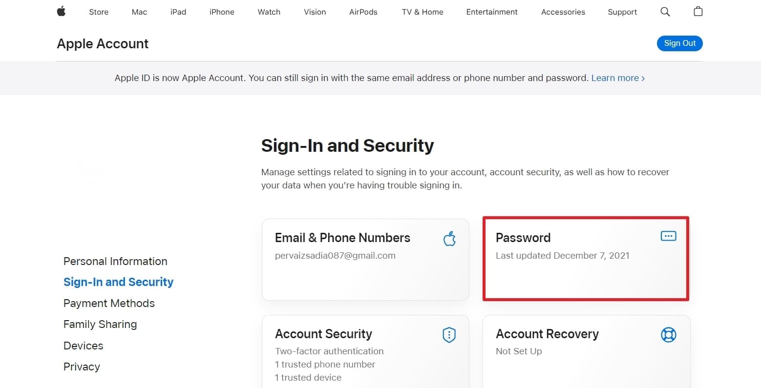 locate password option on website