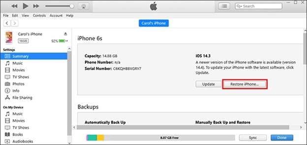 restore iphone via itunes