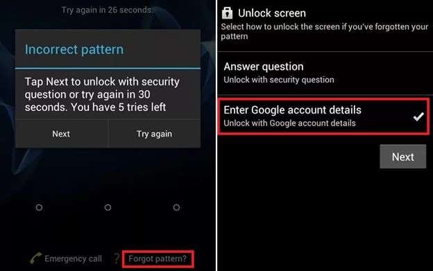 tap forgot pattern and unlock with google account