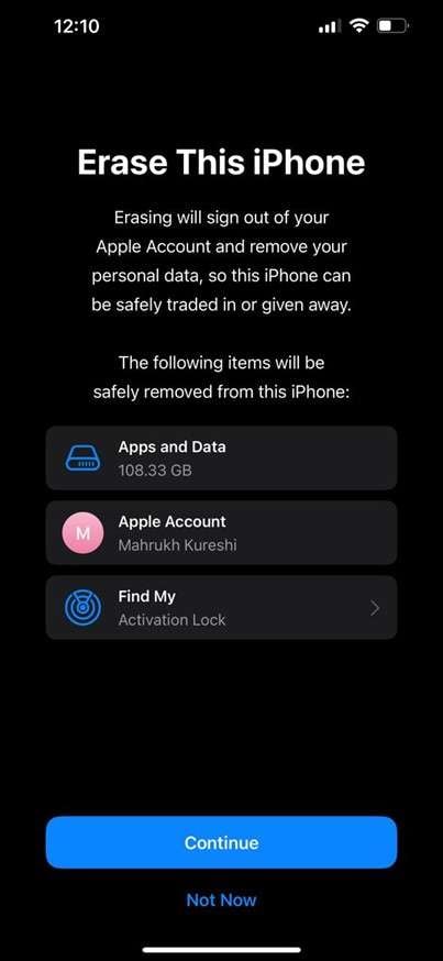 tap continue to erase iphone