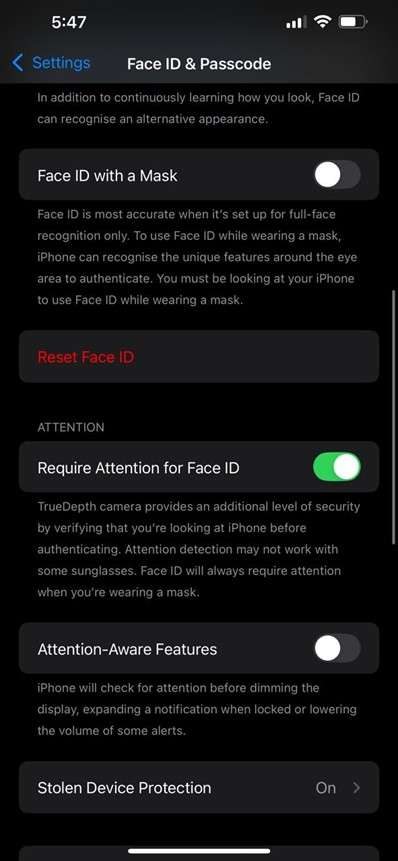 turn the toggle off for required attention for face id