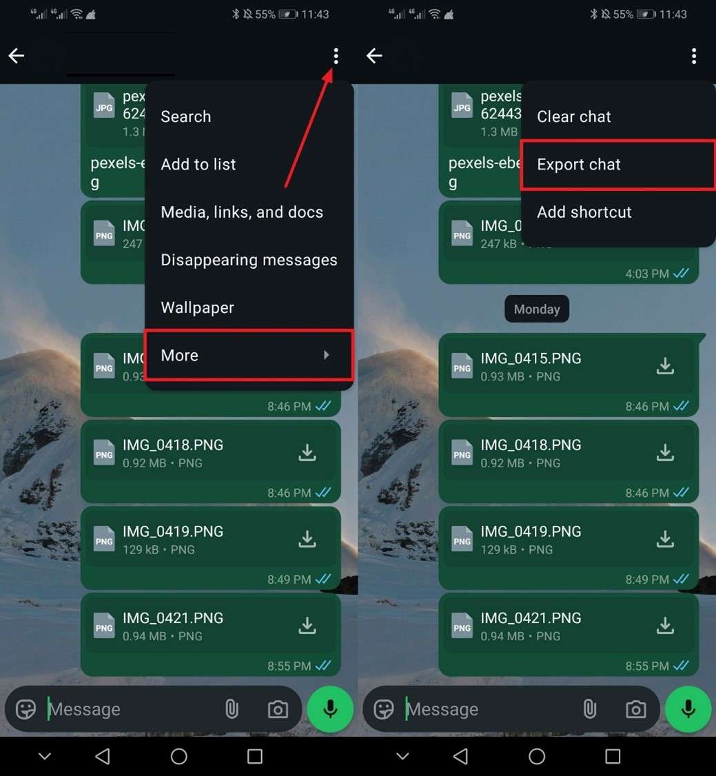 locate export chat option android