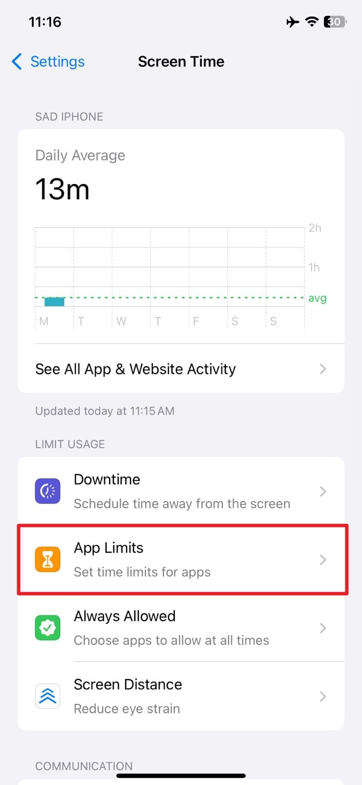 access app limit from screen time 