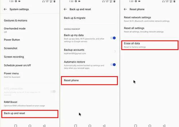 reset oneplus from the settings