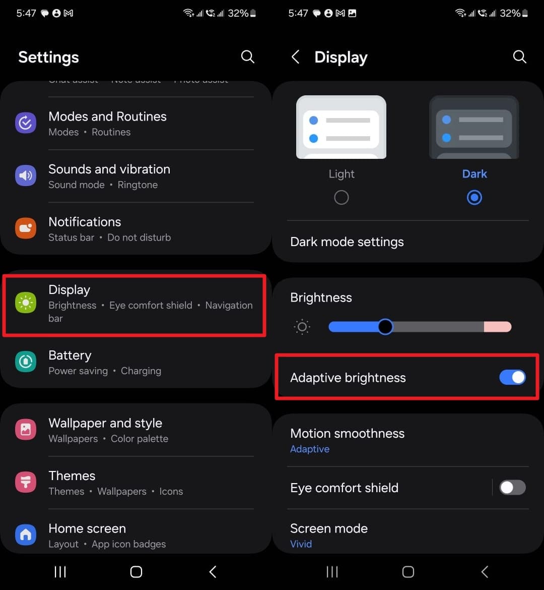 toggle adaptive brightness from display settings