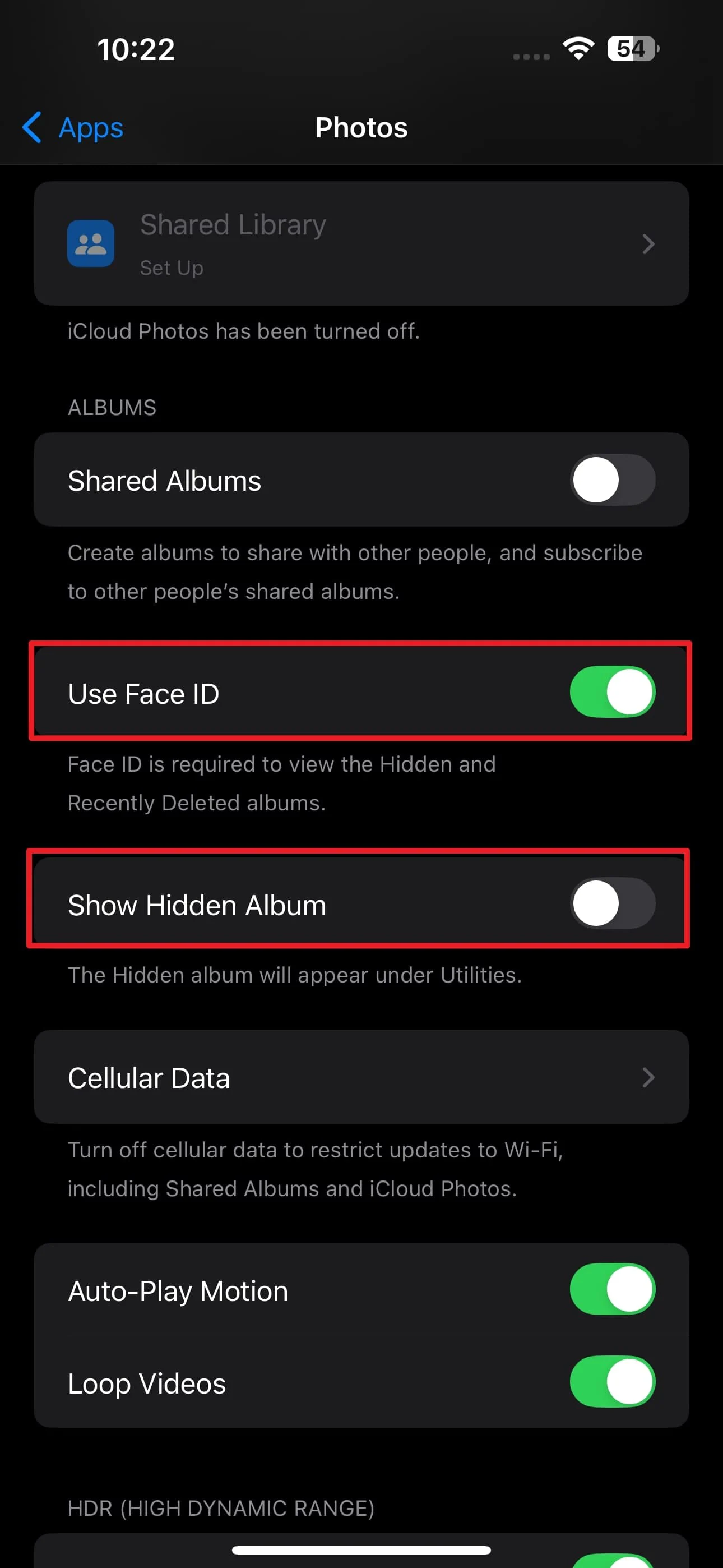 disable show hidden albums 