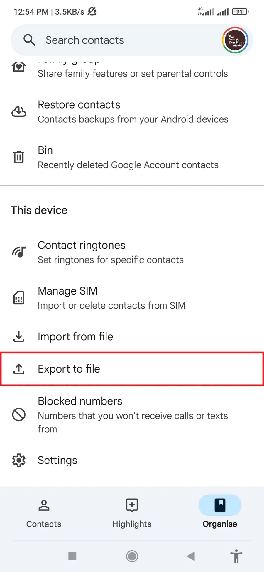 tap export to file option 