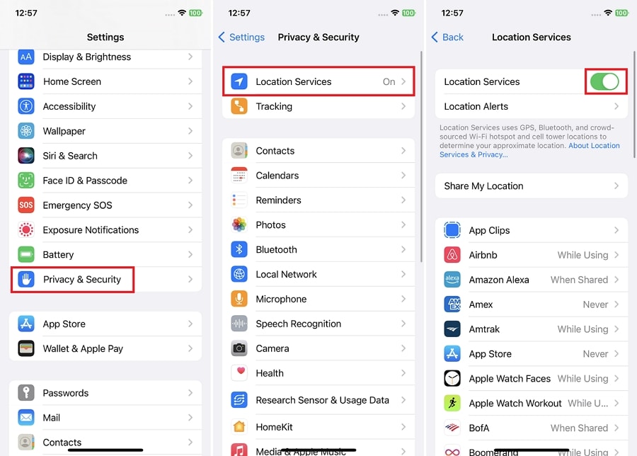 toggle location services from privacy 