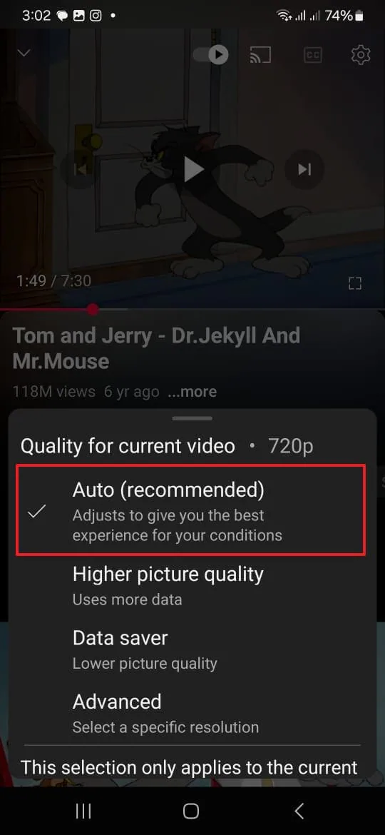 set quality to auto for videos