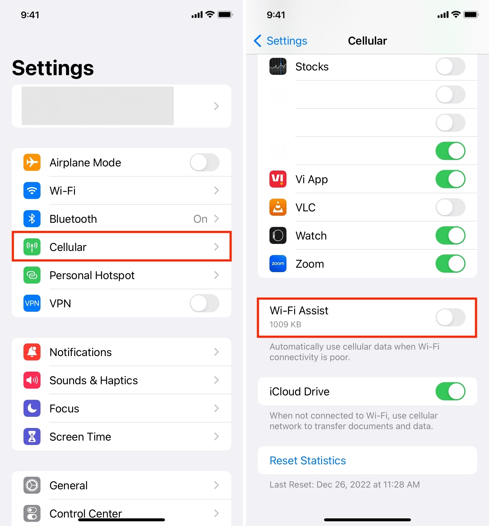 toggle off wifi assist cellular settings 