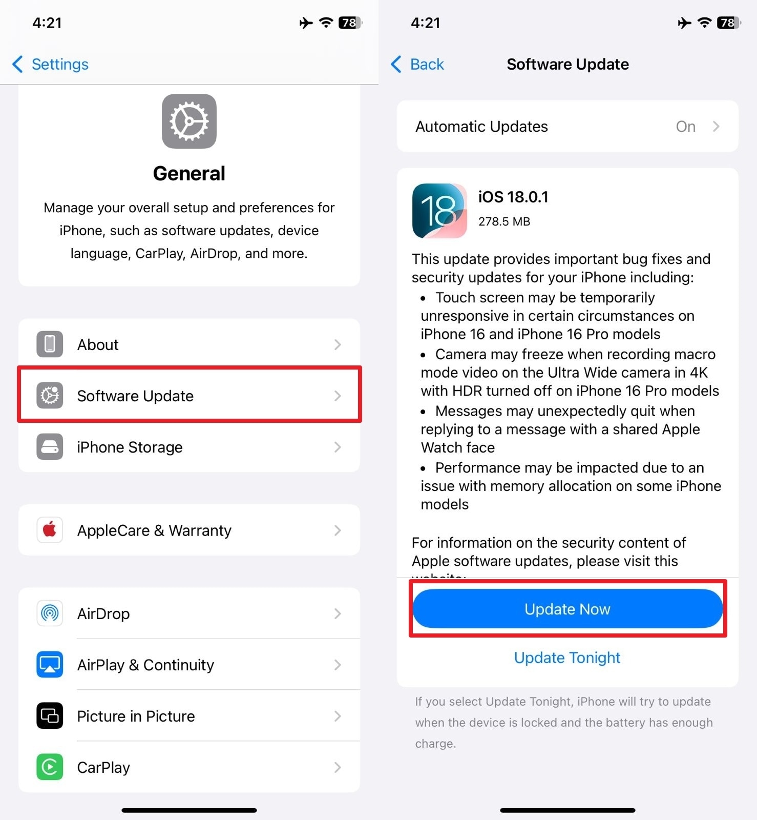 update software using general settings 