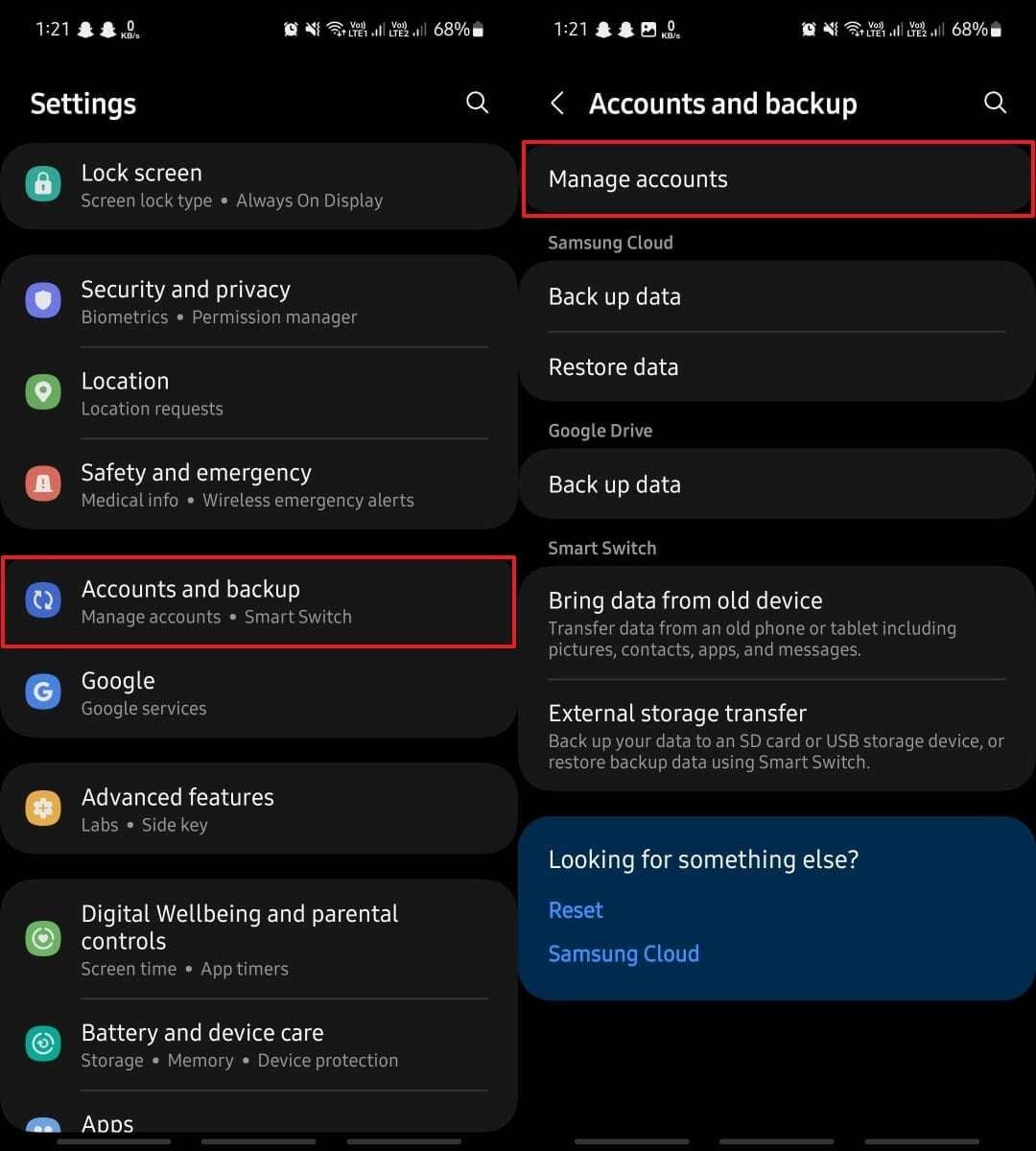 locate manage accounts option from settings