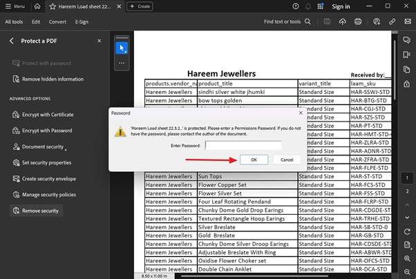enter document password and confirm 