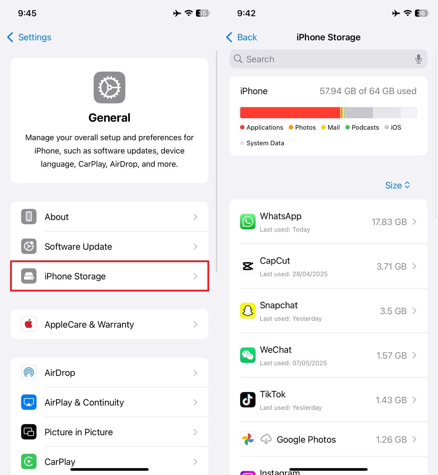 check iphone storage 