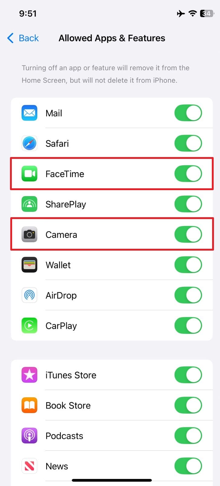 ensure facetime and camera enable 