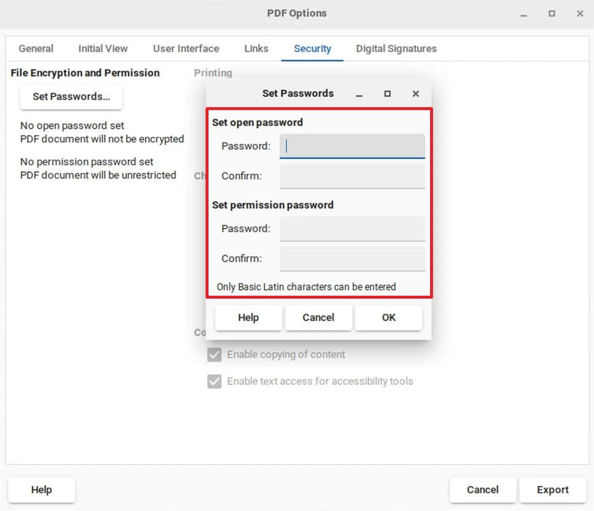 enter open and permission password 
