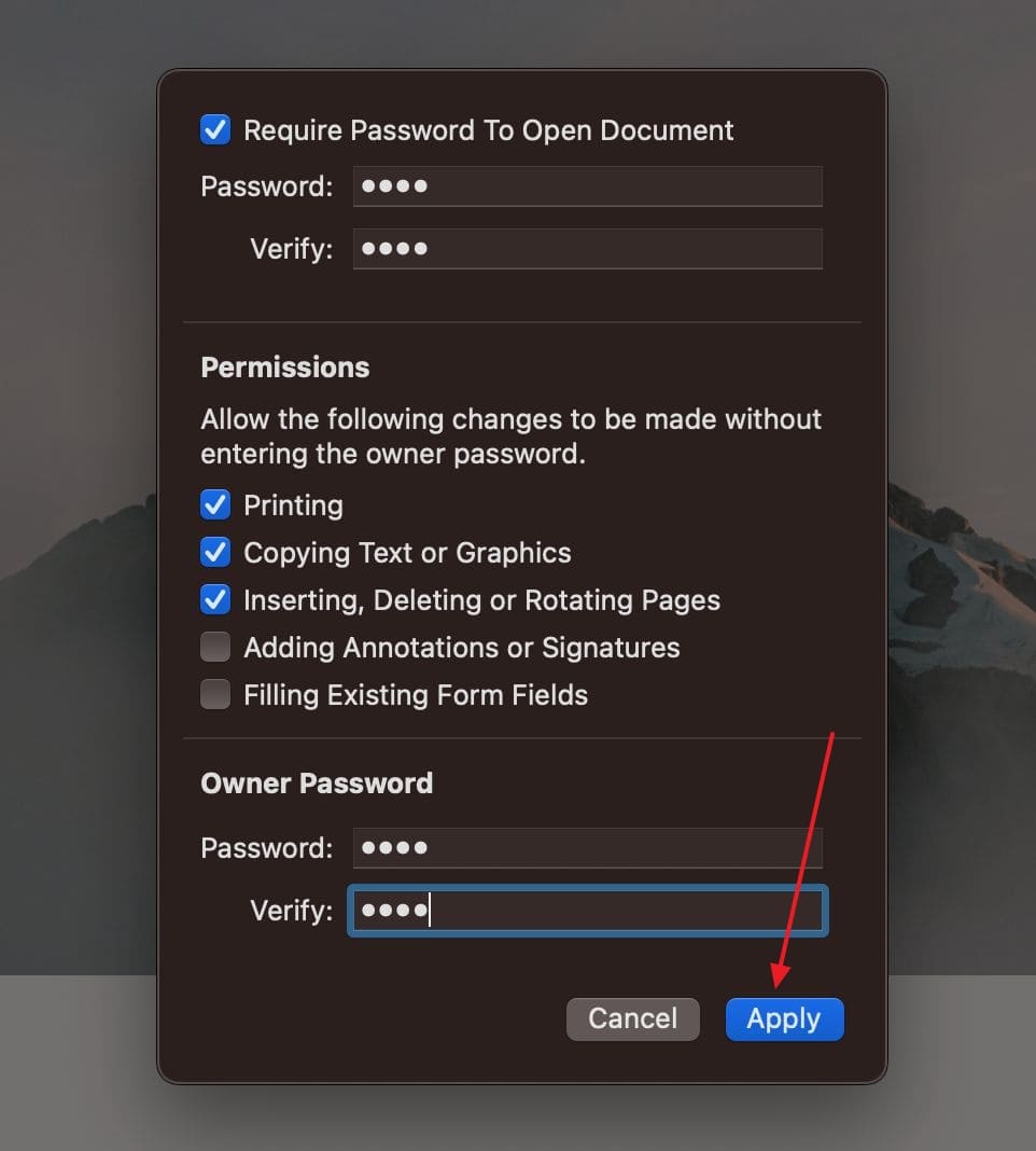 add and apply owner password 