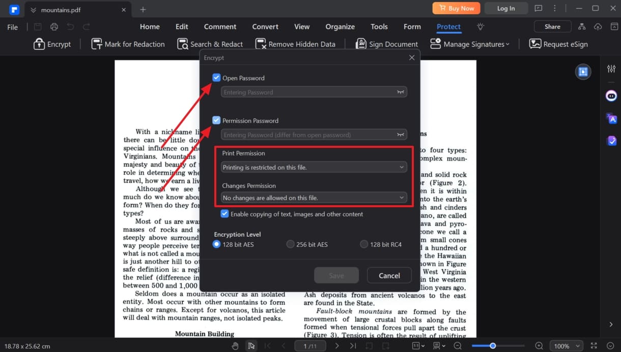 type permission and open password  