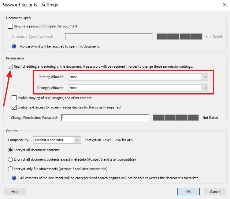 restrict editing printing and changes 