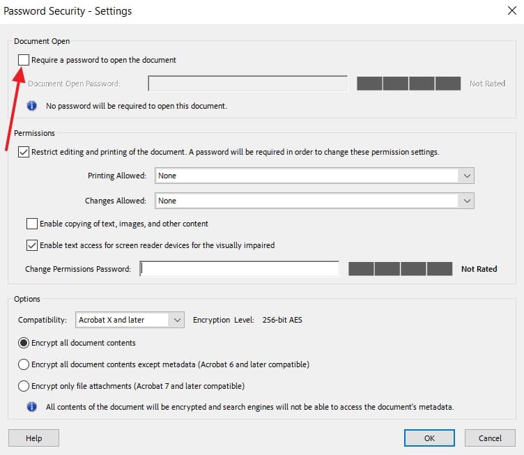 enable require password to open document 