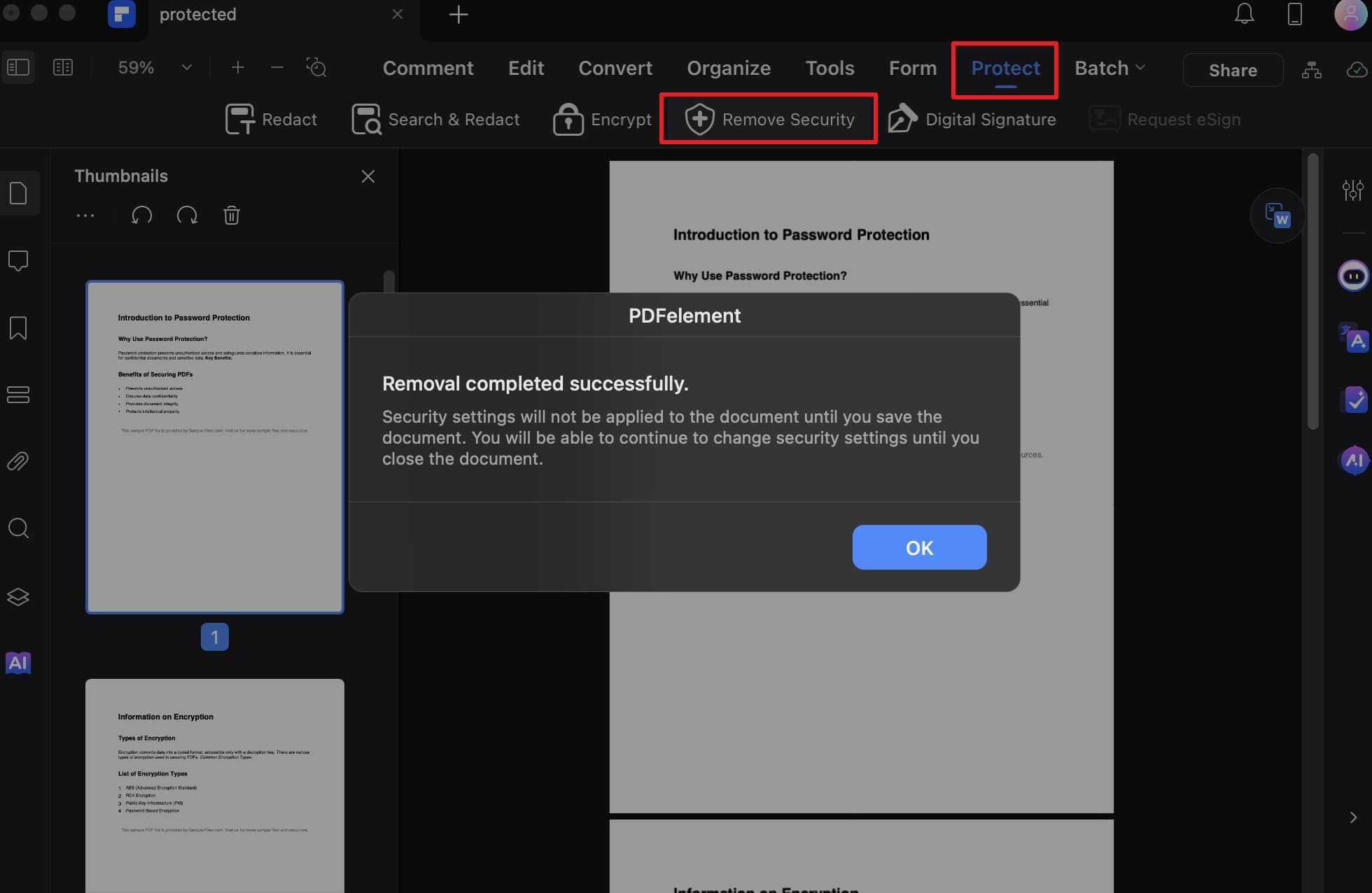 remove security from protect tab