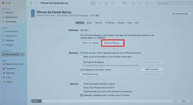 tap restore iphone button