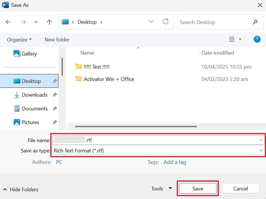 select rtf as file type